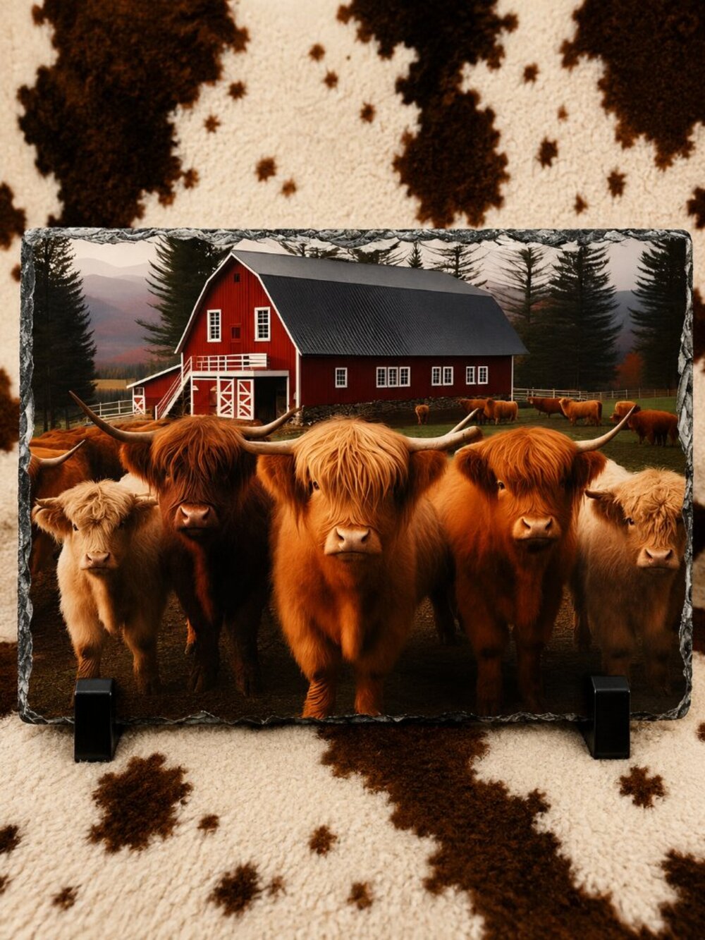 Photo Rock Slate Highland Cows Red Barn Farmhouse Picture Stone Plaque